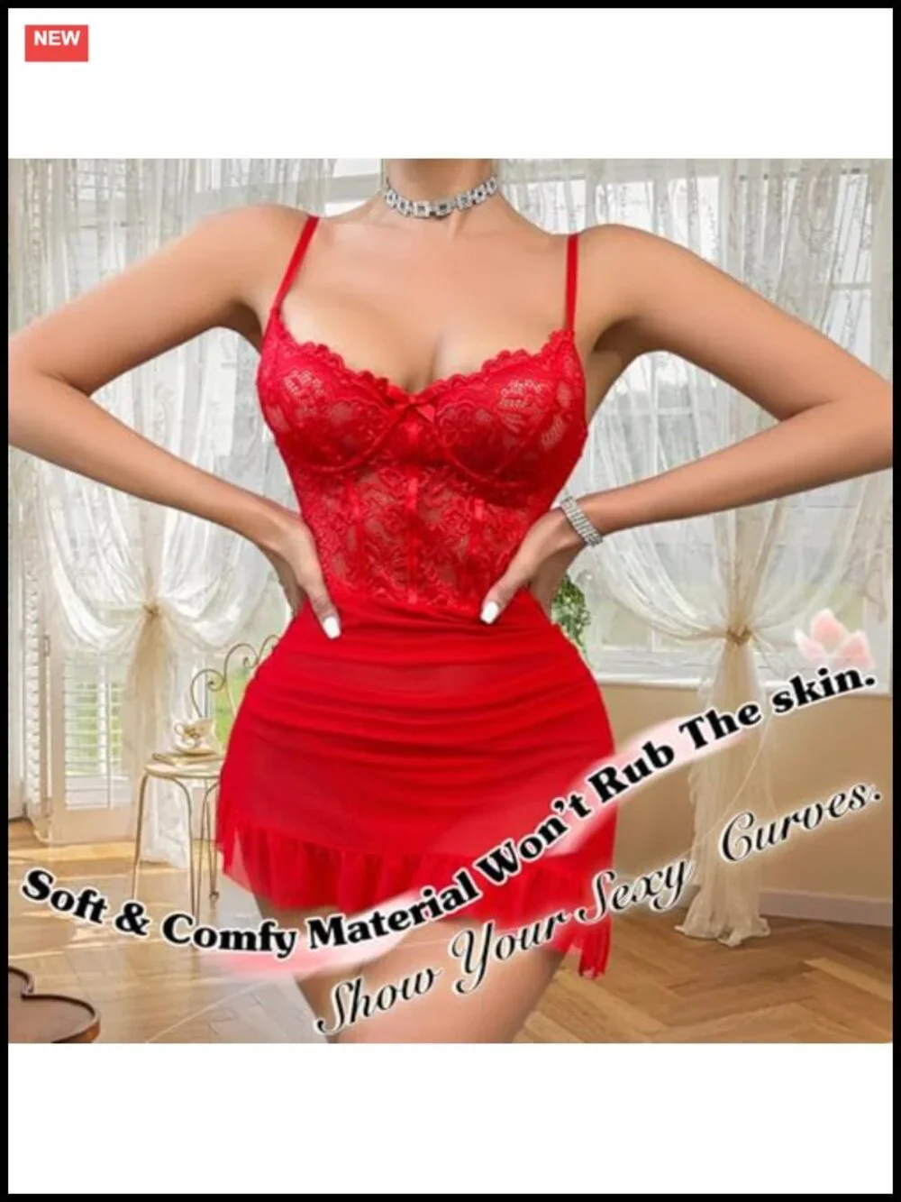 Lace Babydoll Chemise Lingerie Set with Adjustable Spaghetti Straps and Thong